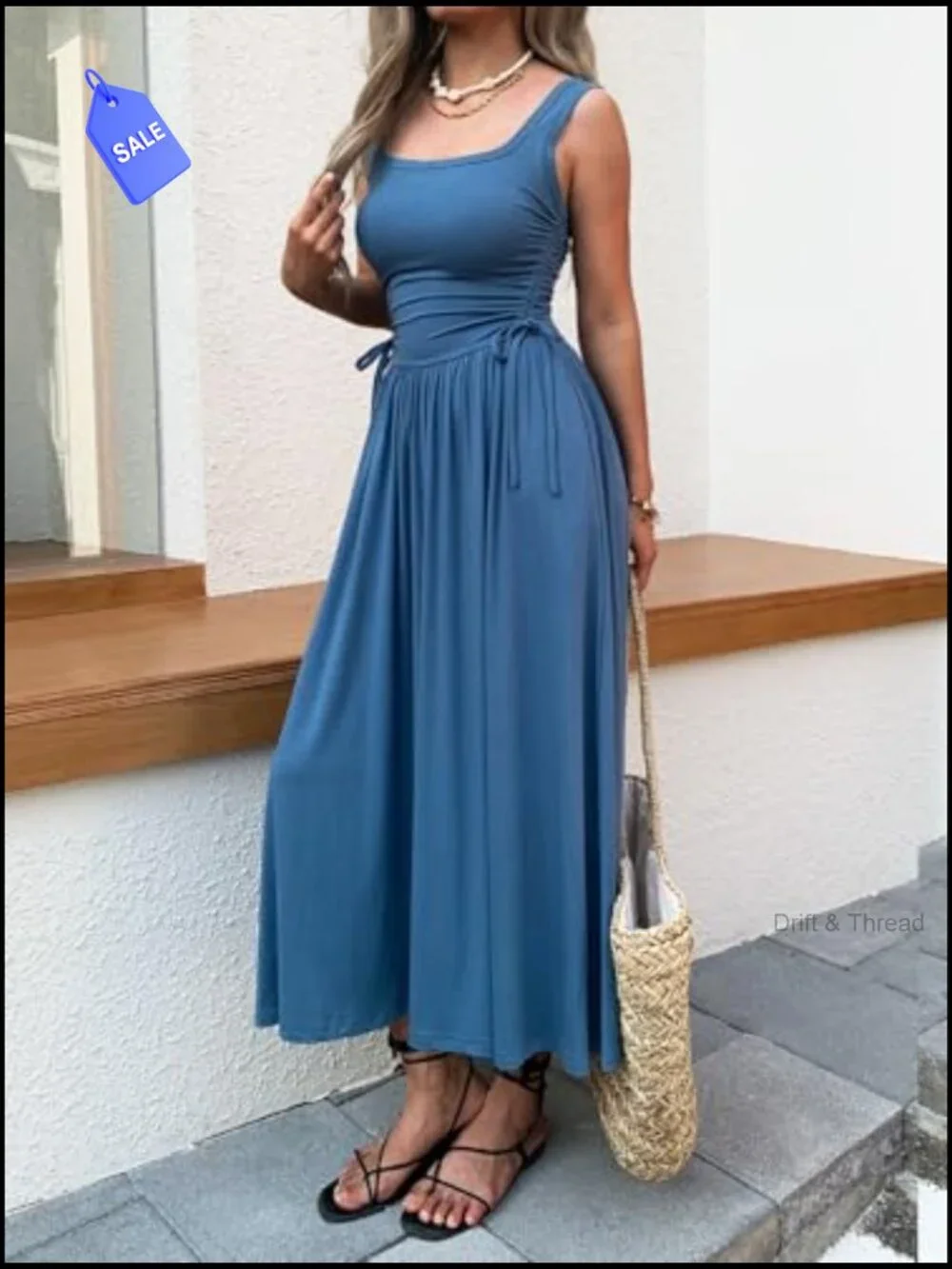 Boho Summer Maxi Dress with Pockets, Adjustable Waist, Sleeveless Casual - Picture 4 of 6